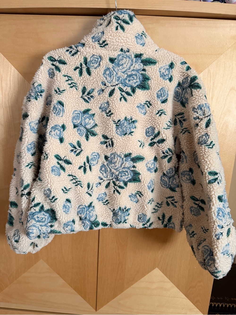 Cream Floral Teddy Jacket with Blue Rose Print - Picture 3 of 5